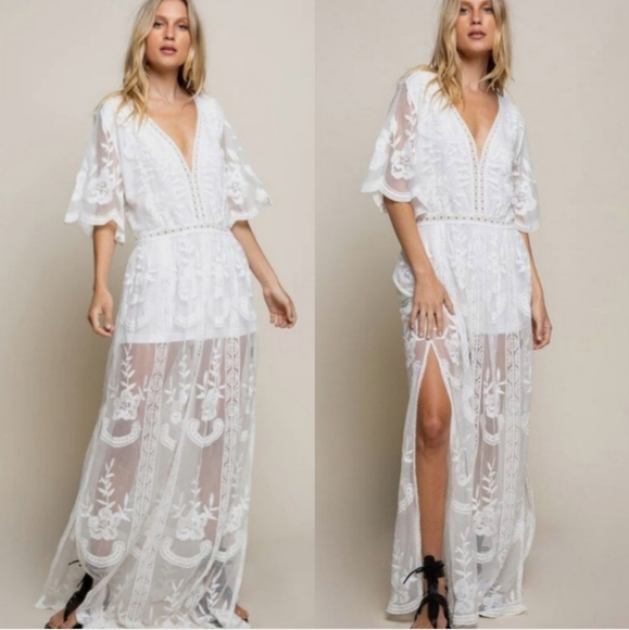 Lulus Pants - LULU'S 🐎🌾 boho white sheer floral lace western plunge neck shorts romper dress